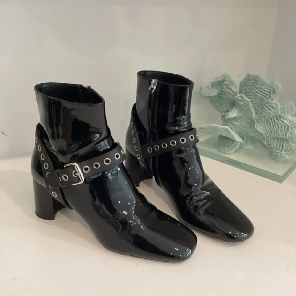 MIU MIU Eyelet Embellished Patent Leather Ankle Boots Black Size 37.5 7
